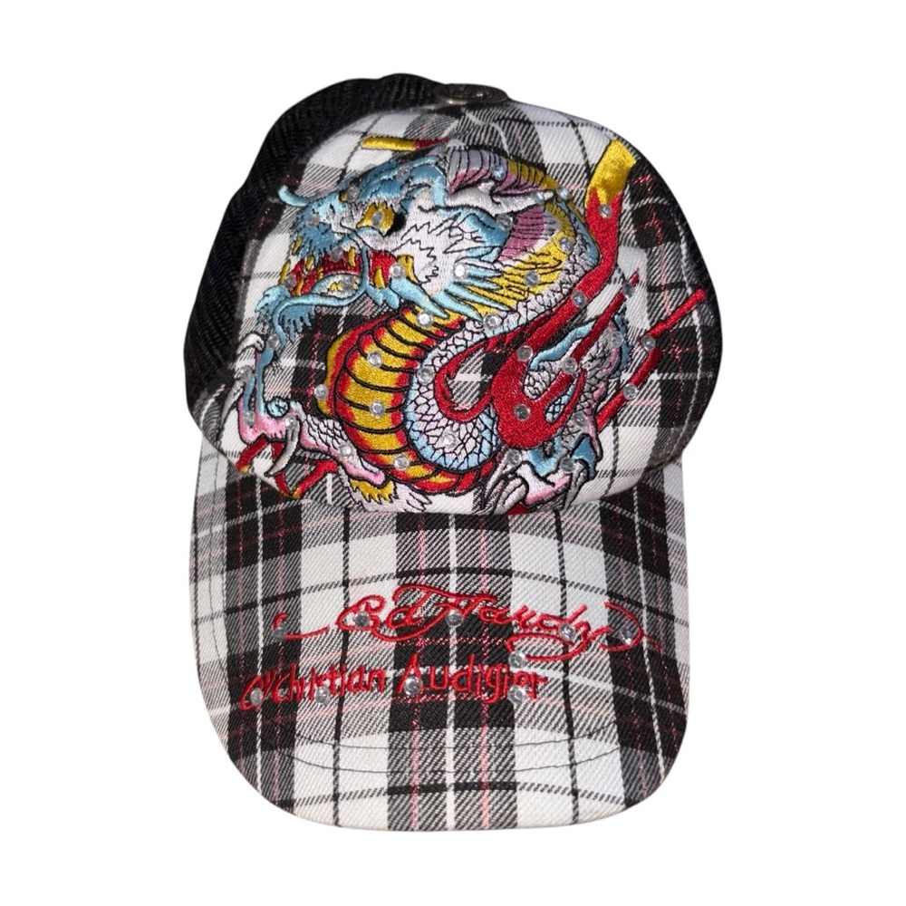 Vintage Y2K 2000s Ed Hardy Chrisitian Audigier Hat Dragon Plaid Mesh Rare